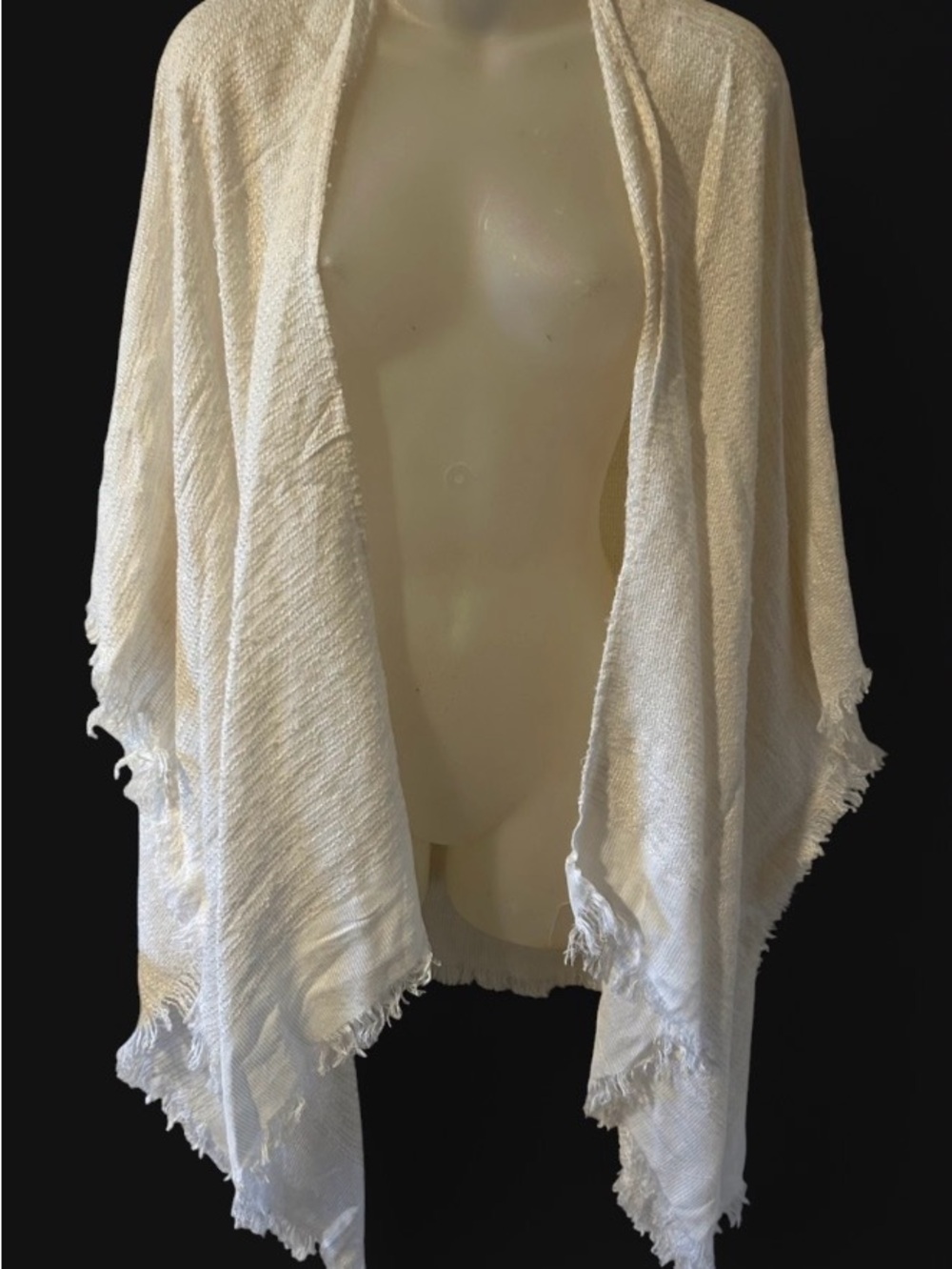 Mixit Cream Open-Front Lightweight Shawl Cardigan With Frayed Hem